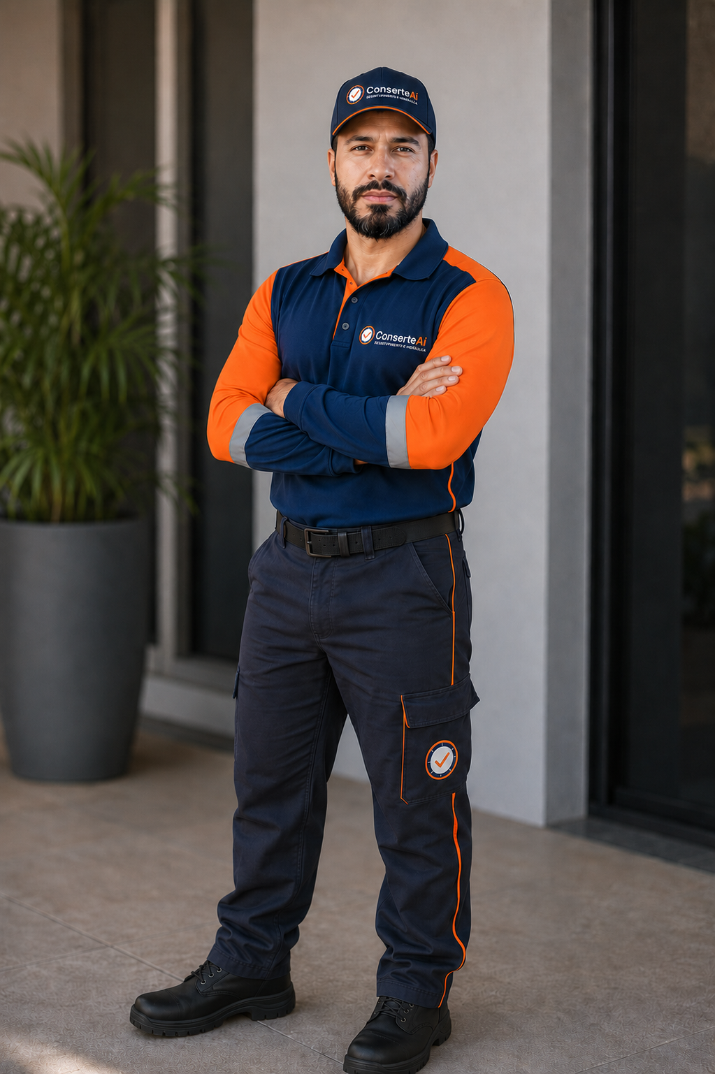 Márcio Vera, técnico da ConserteAí 24h, de braços cruzados usando uniforme oficial